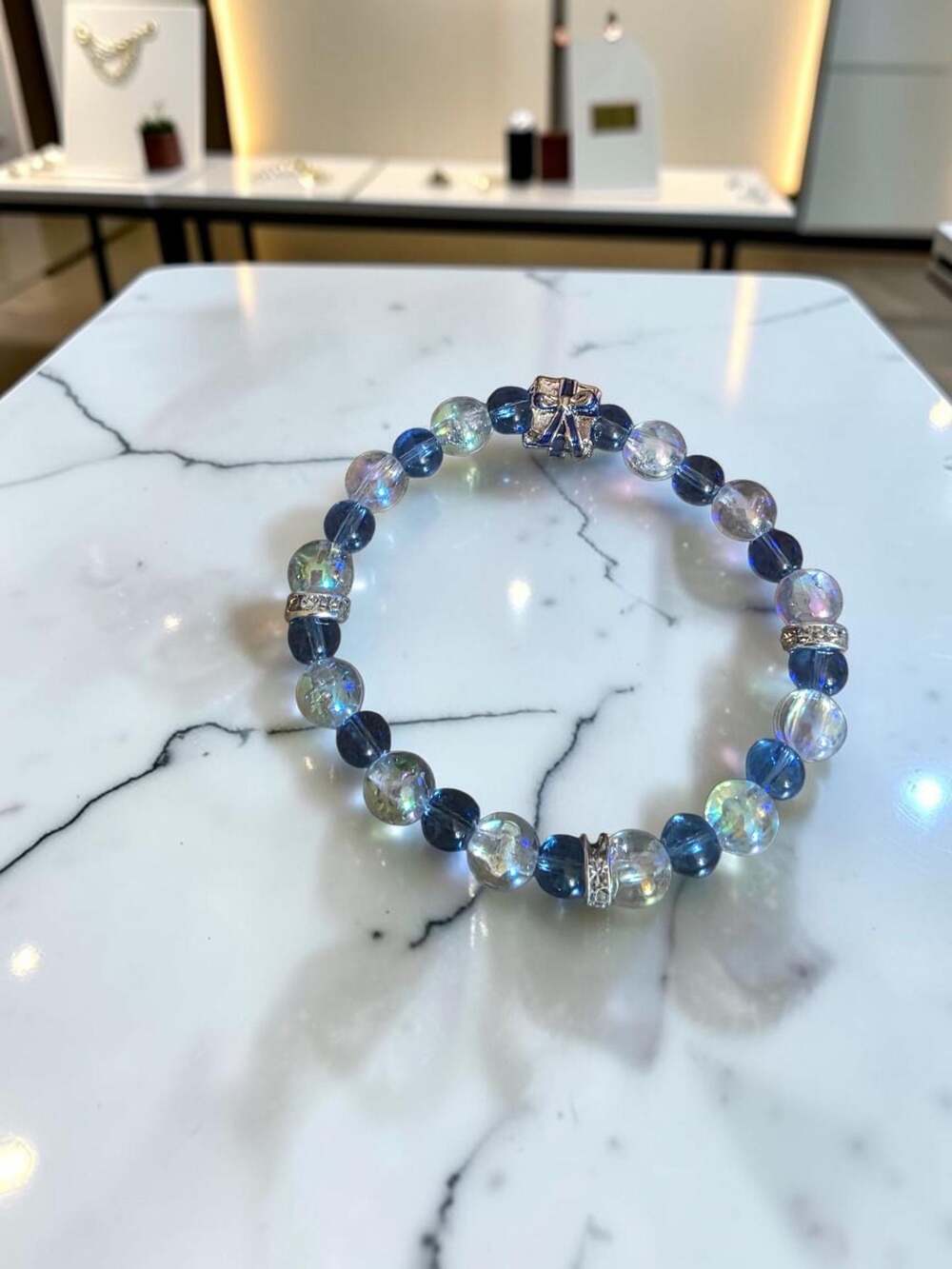 Blue Moonlight Glass Cat's Eye Beaded Bracelet with present Charm